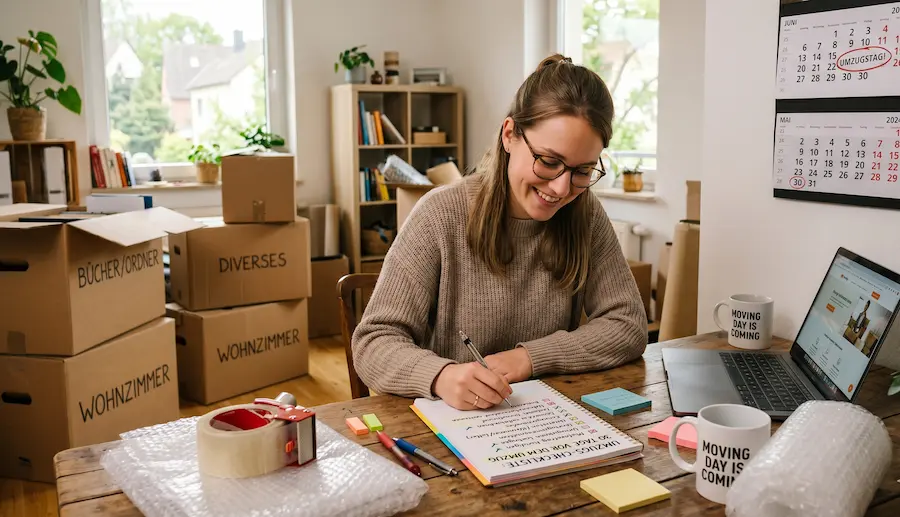 Frau mit Umzugs-Checkliste am Tisch – Kartons, Packmaterial und Laptop mit Umzugsdatum.ch