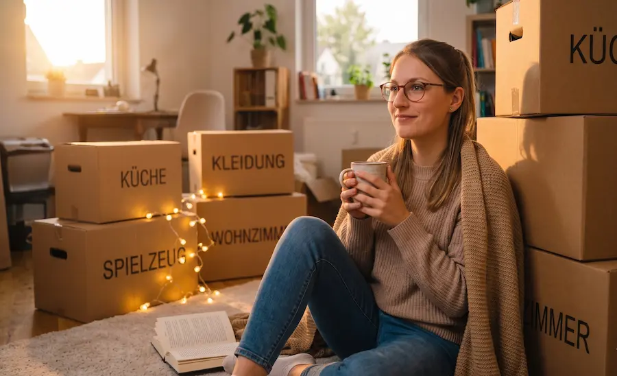 Umzugsdatum richtig planen – entspannte Pause beim Umzug mit beschrifteten Kartons (Küche, Kleidung, Wohnzimmer)
