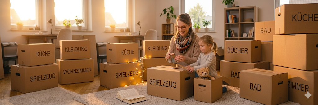 Umzugsdatum planen – Familie packt beschriftete Umzugskartons und bereitet den Umzugstermin vor